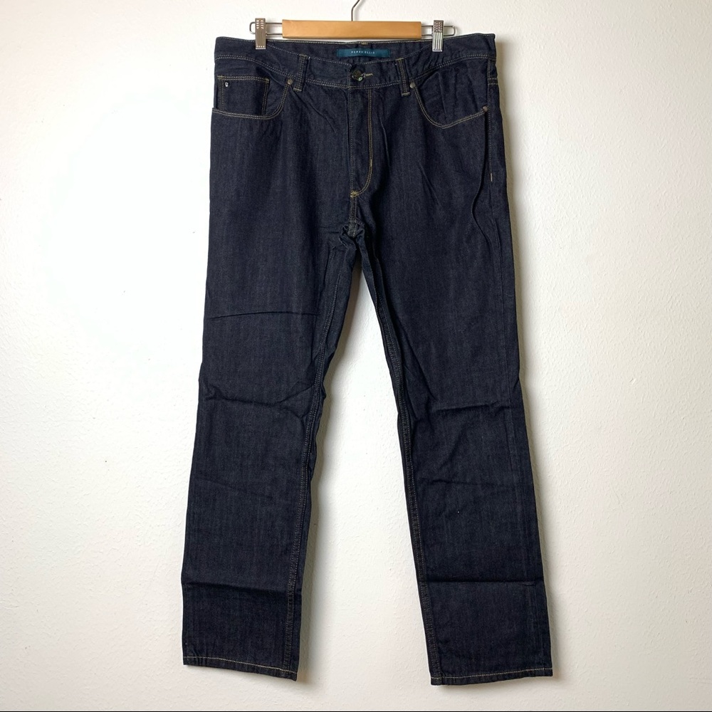 Perry Ellis Mens Slim Fit dark wash denim jeans 36x32 straight leg EUC